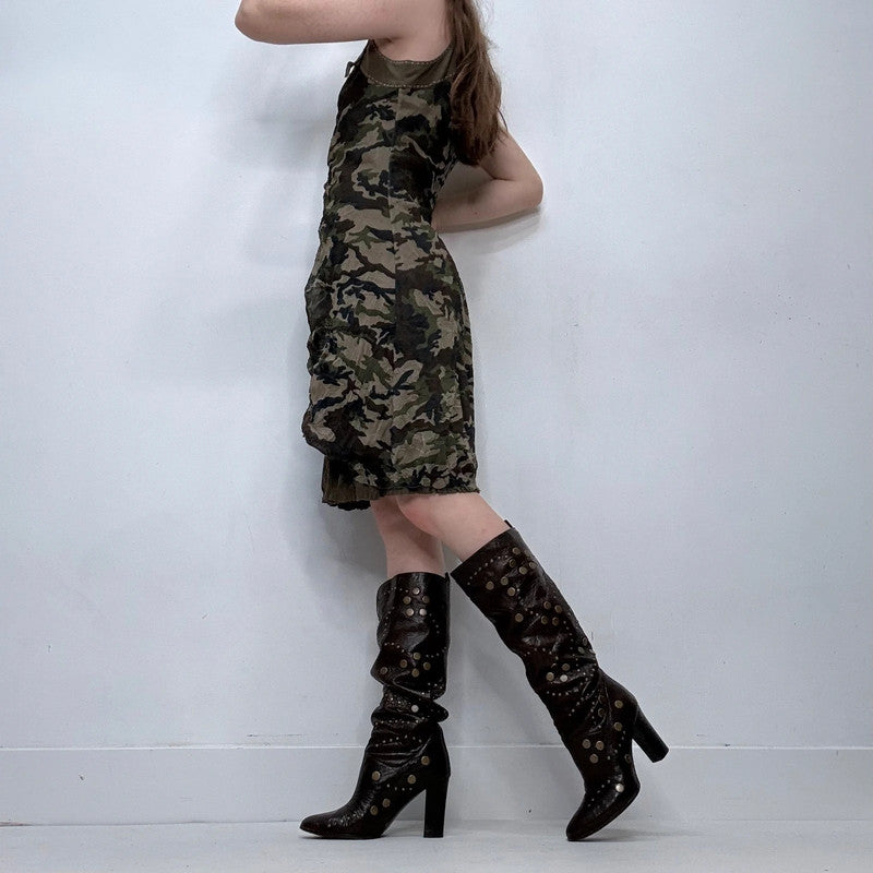 khaki graphic printed layered draped midi dress