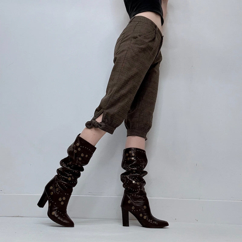 brown tartan preppy cropped puff capri pants