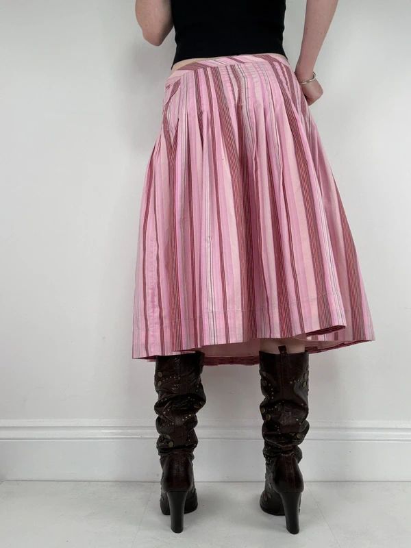 pink cotton pleated pinstripe flared midi skirt