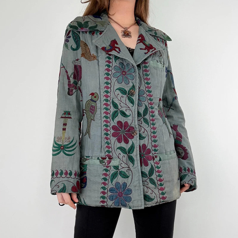 Khaki embroidered boho hippie jacket