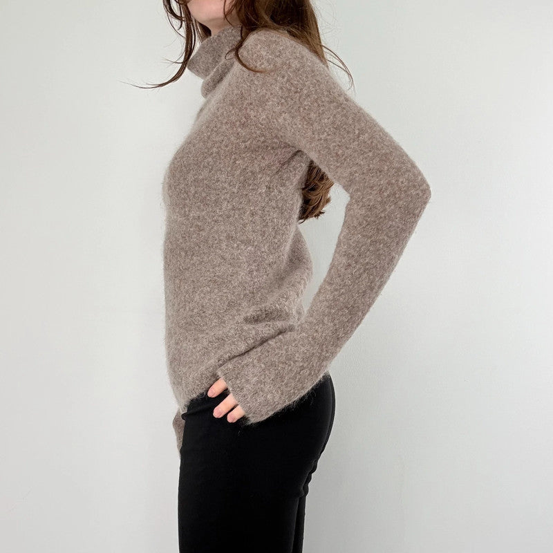 brown taupe fluffy knit mock neck