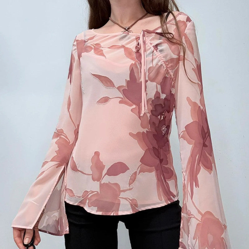 pink flared floral shirt