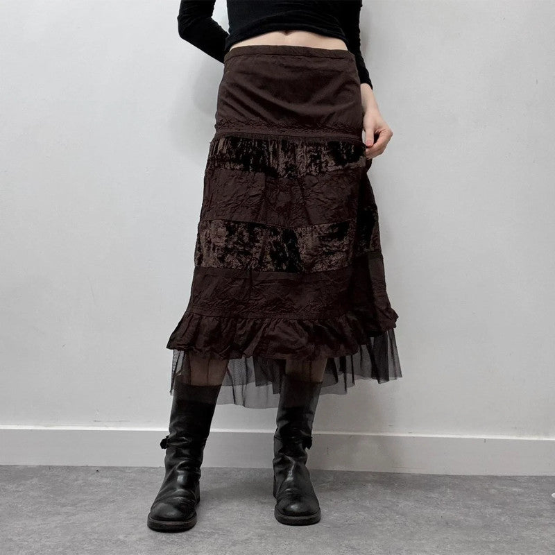 brown velvet lace midi skirt