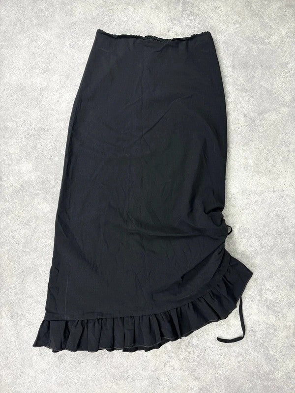 Low waisted black cinched ruffle maxi skirt