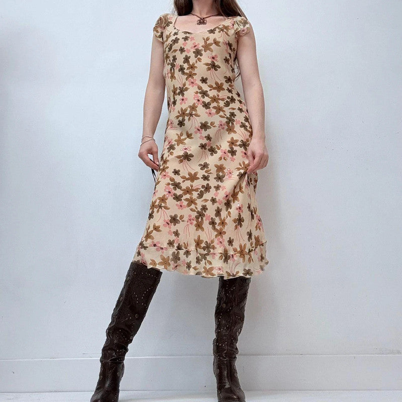 brown floral silk bias cut midi dress