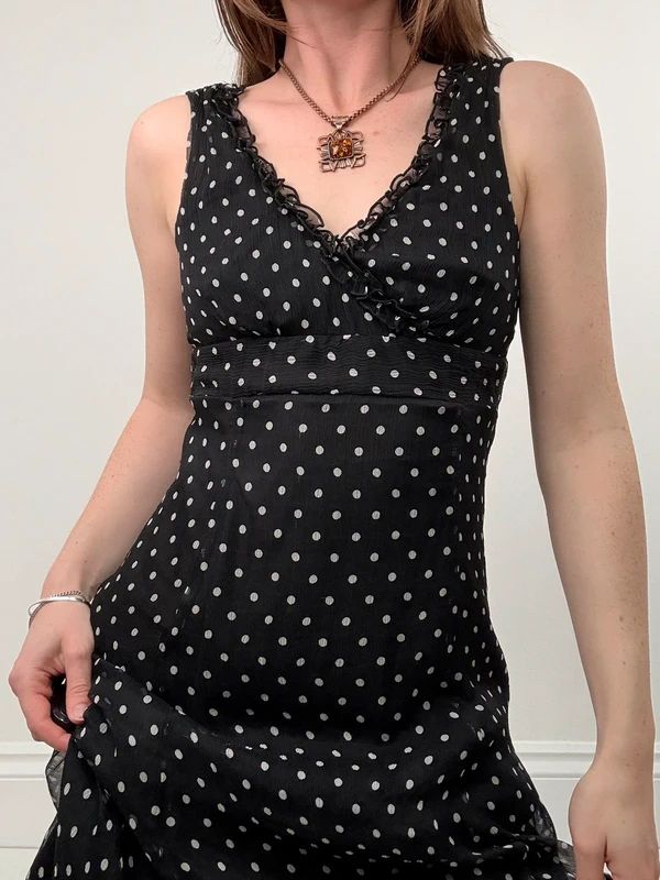 silk black and white polkadot slip dress
