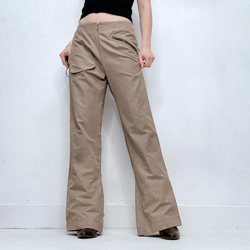 tan utility flared checked trousers