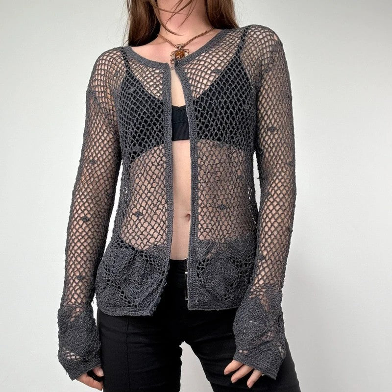 grey crochet sheer lace knit cardigan