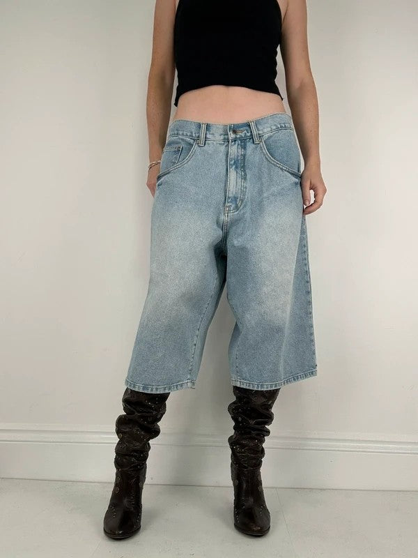 oversized wide leg denim jorts with graphic print