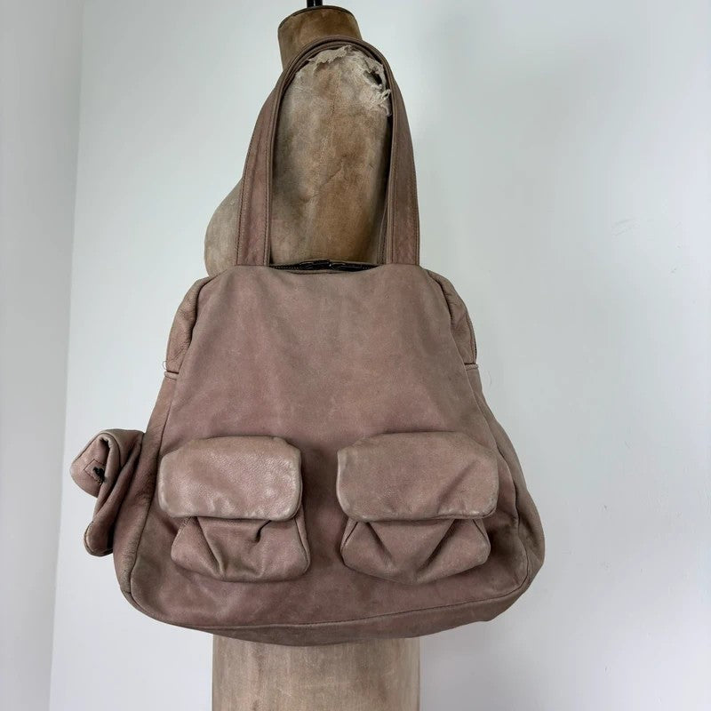 Dusty pink distressed leather cargo slouchy pocket bag