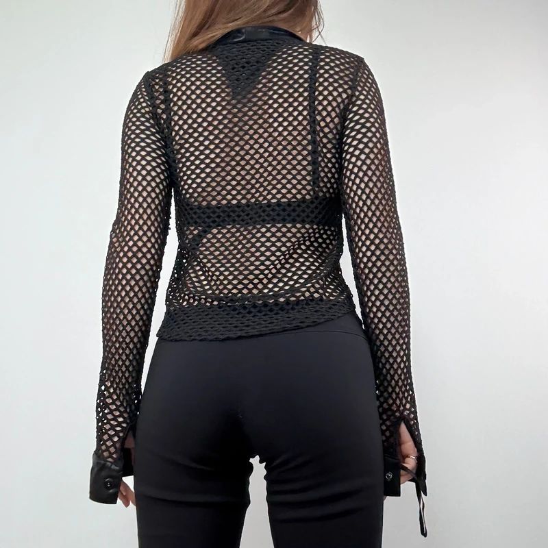 Black fitted Fishnet Mesh Grunge Shirt