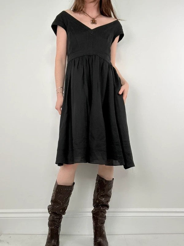 black pleated drop waist linen midi dress