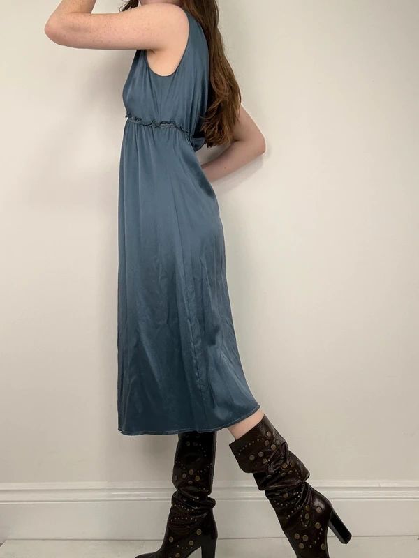 blue silk gathered floaty bias cut midi dress