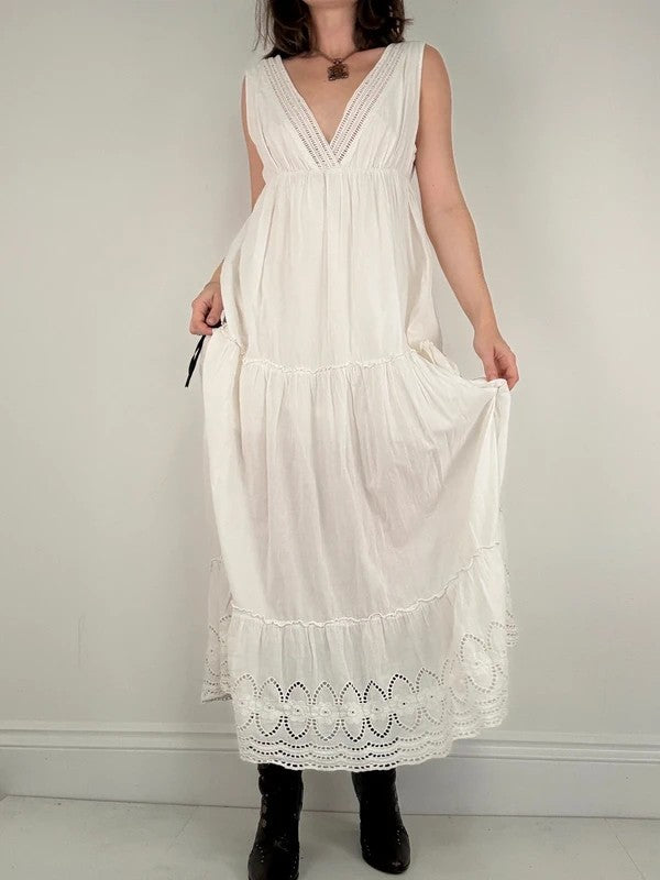 white cotton lace pleated tiered maxi dress