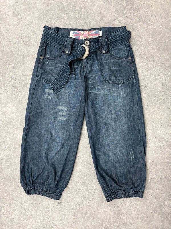 cropped denim puff capri pants