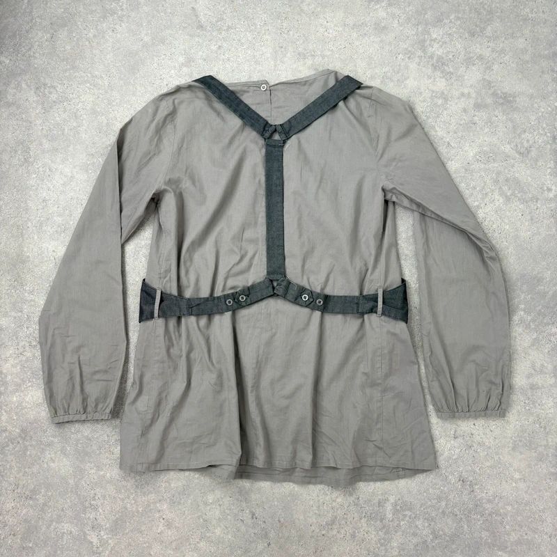 utility khaki pleated blouse with harness braces