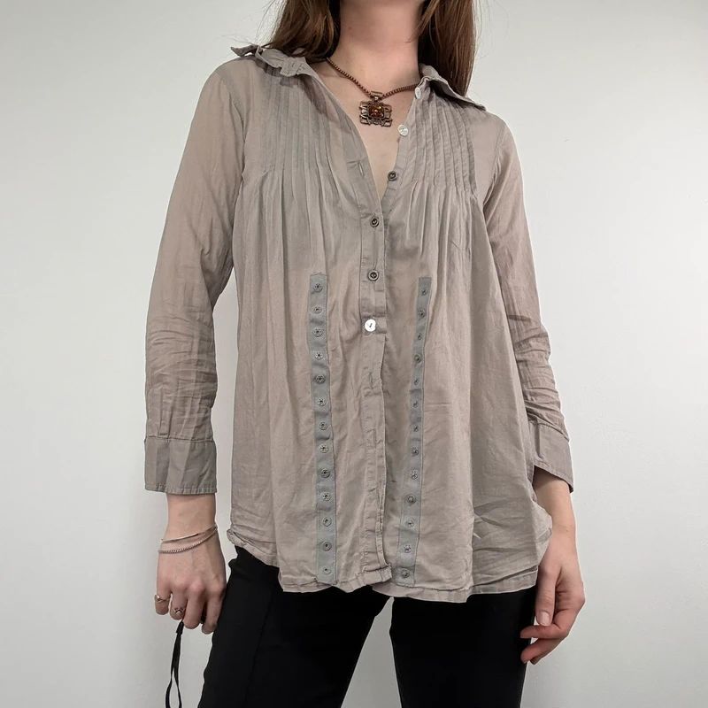 brown pleated flared patchwork button shirt