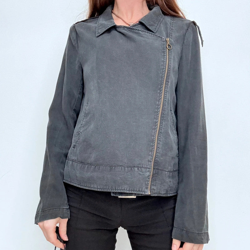distressed black draped asymmetric jacket