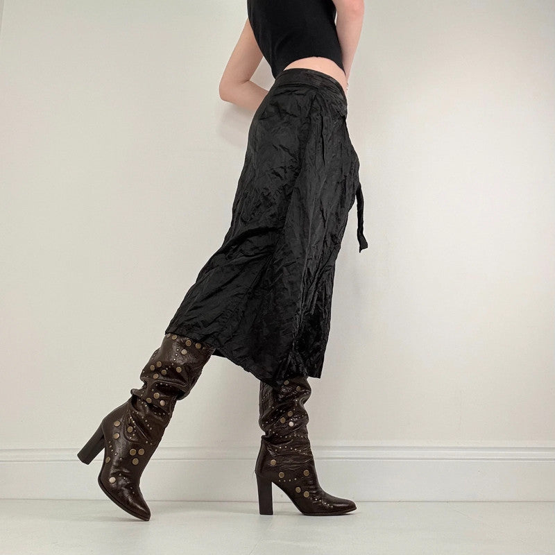 black crinkle satin tie up layered skirt