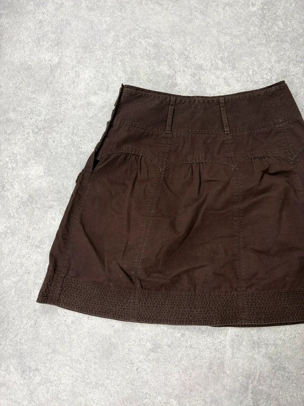 pleated brown cotton thick waistband drop waist puff midi skirt