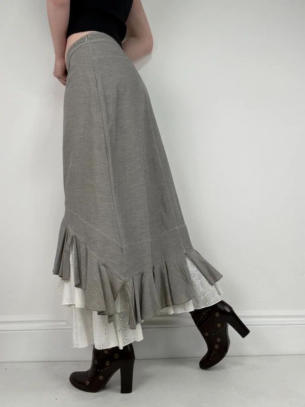 Pleated flared layered ruffle maxi skirt