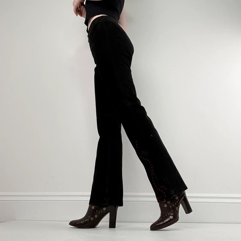 black suede embroidery flared trousers