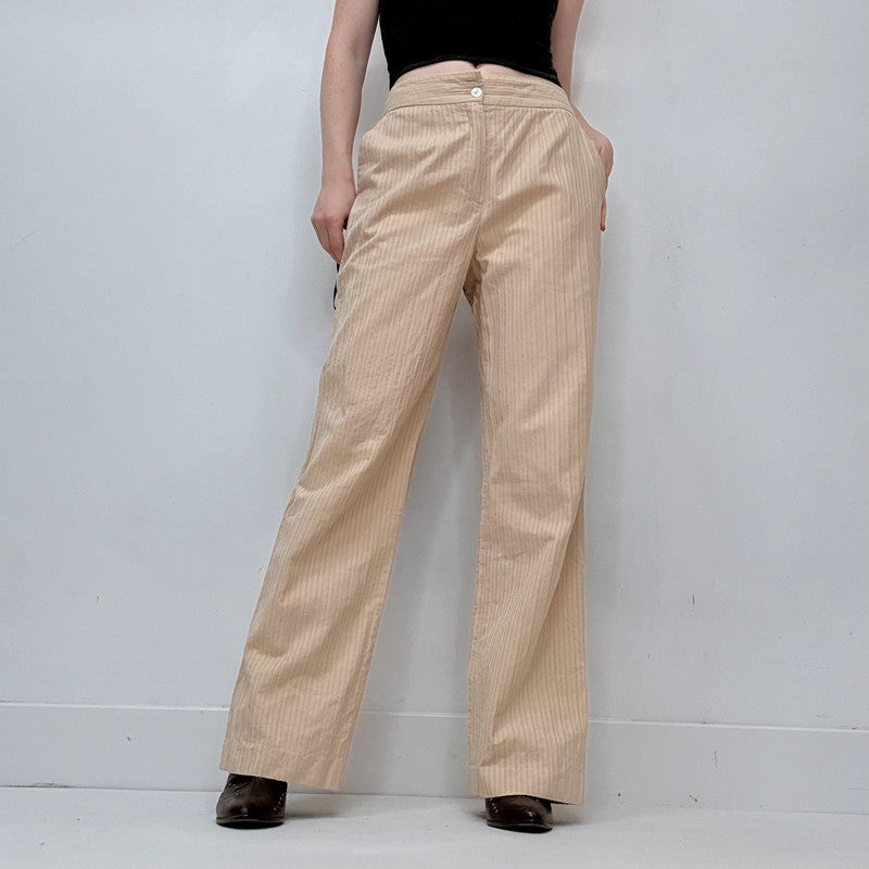 textured pleated pinstripe wide leg flared cotton pants