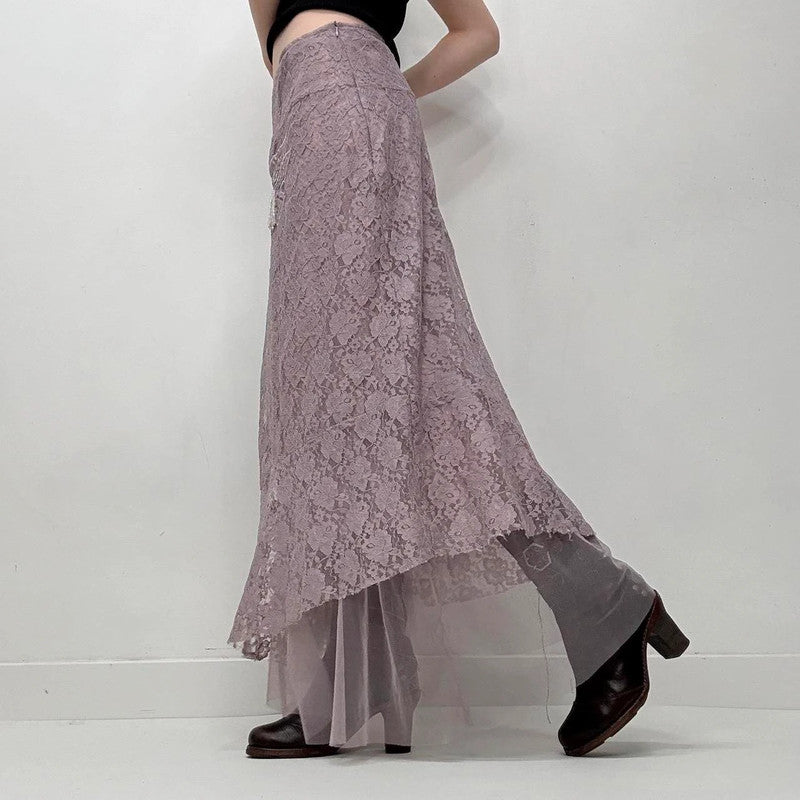 lilac lace sheer asymmetric maxi skirt