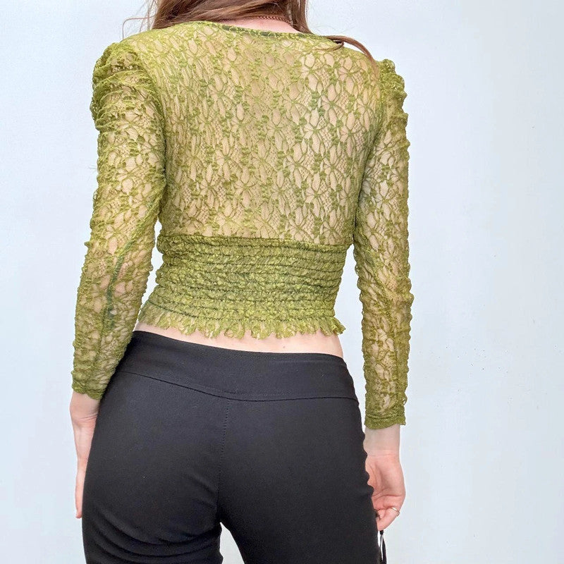 green lace cropped blouse top