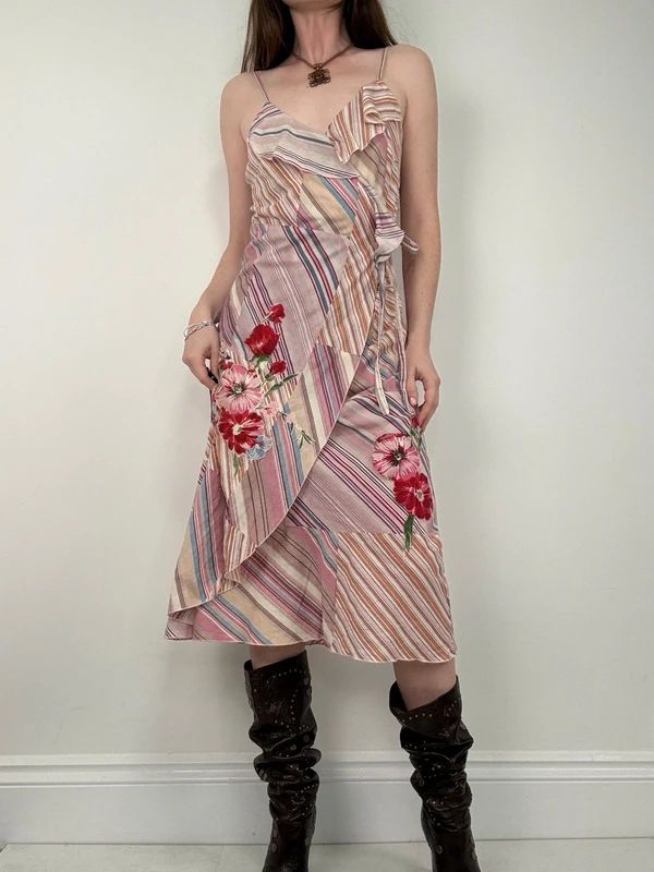 pink pinstripe flared ruffle maxi dress