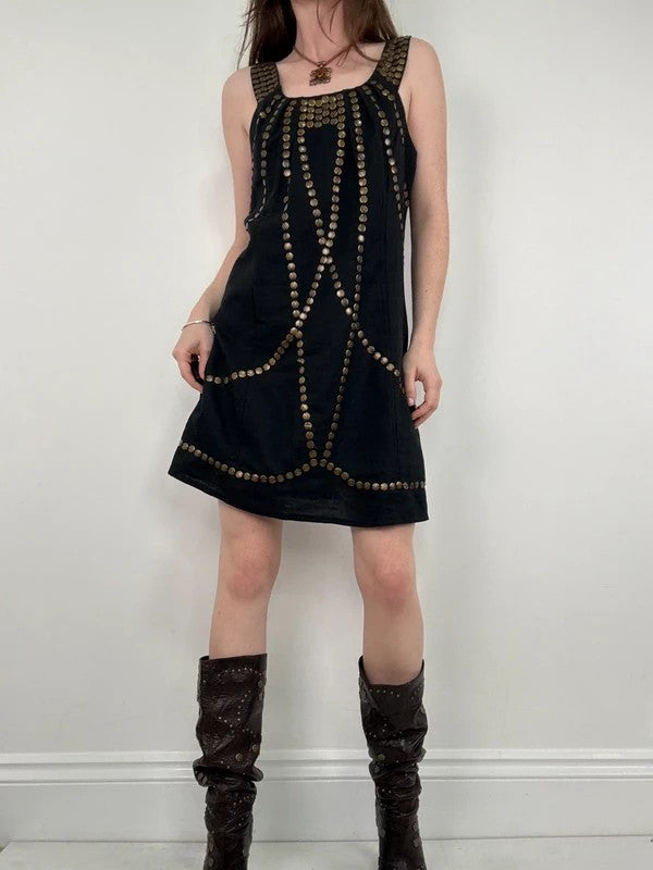 black linen metal gold studded mini Y2K party dress