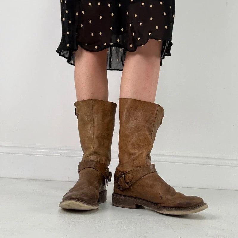 Tan leather buckle biker boots