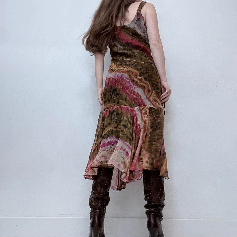 bias cut distressed printed earthy tone midi dress