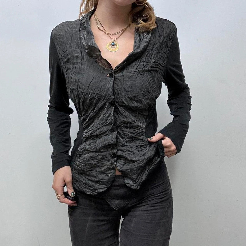 crinkle textured flared cardigan shirt