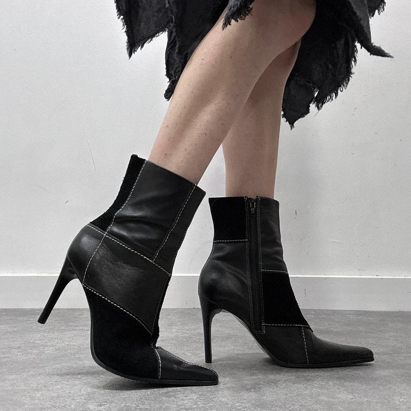 patchwork black suede heel boots
