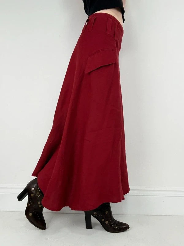 red linen bias cut asymmetric maxi skirt
