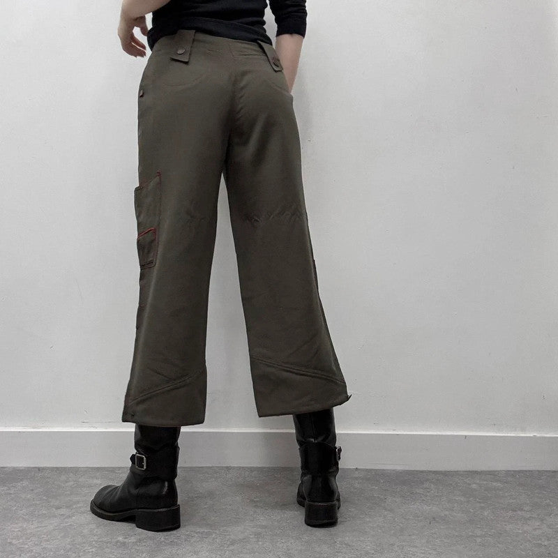 khaki cropped cargo wide-leg trousers