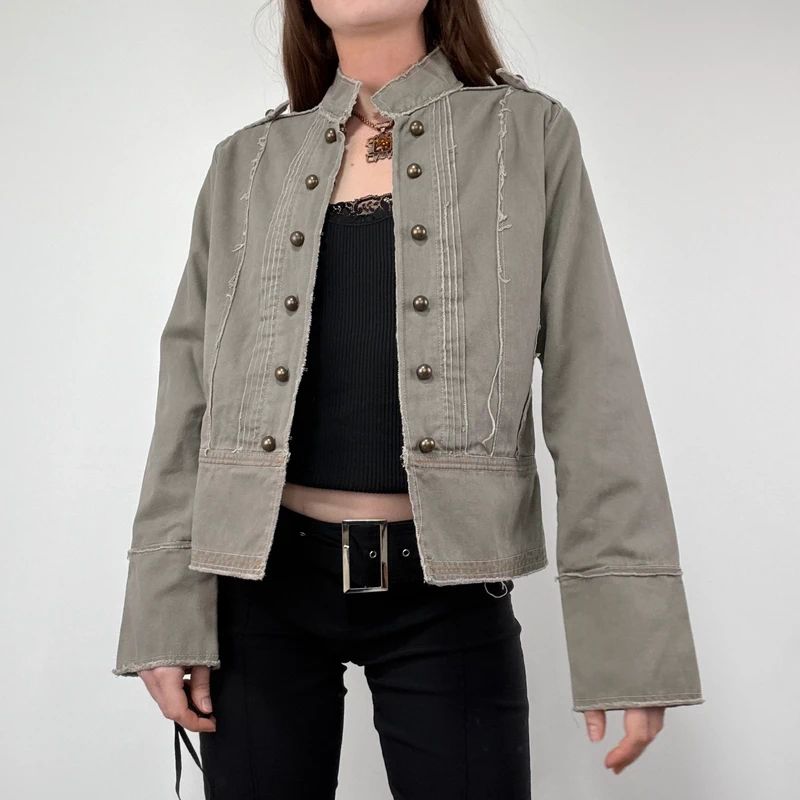 khaki military cotton utility jacket with hook and eyes