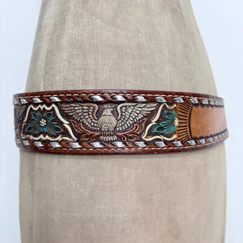 Western engraved brown leather boho belt