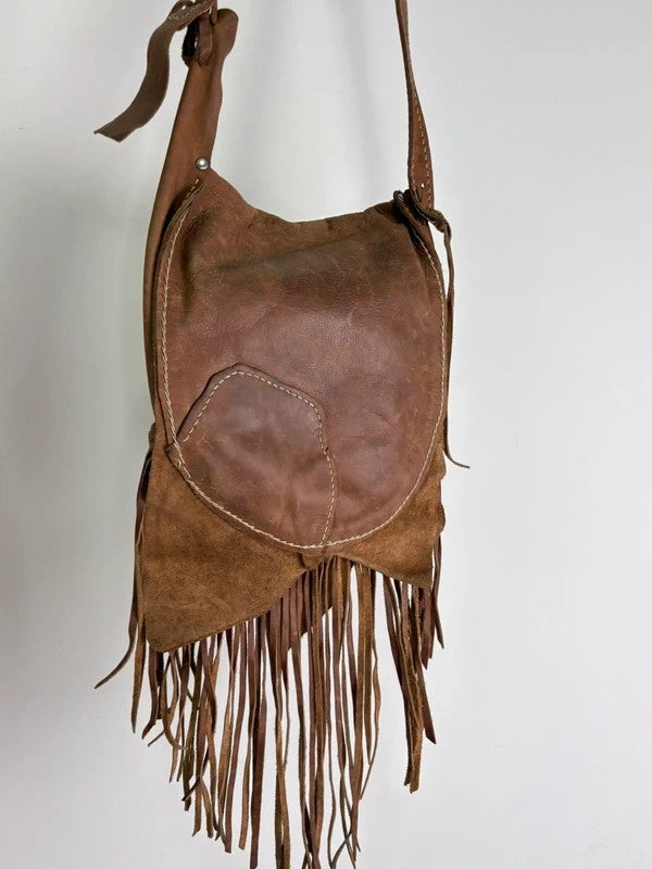 Vintage tan boho fringe satchel suede bag