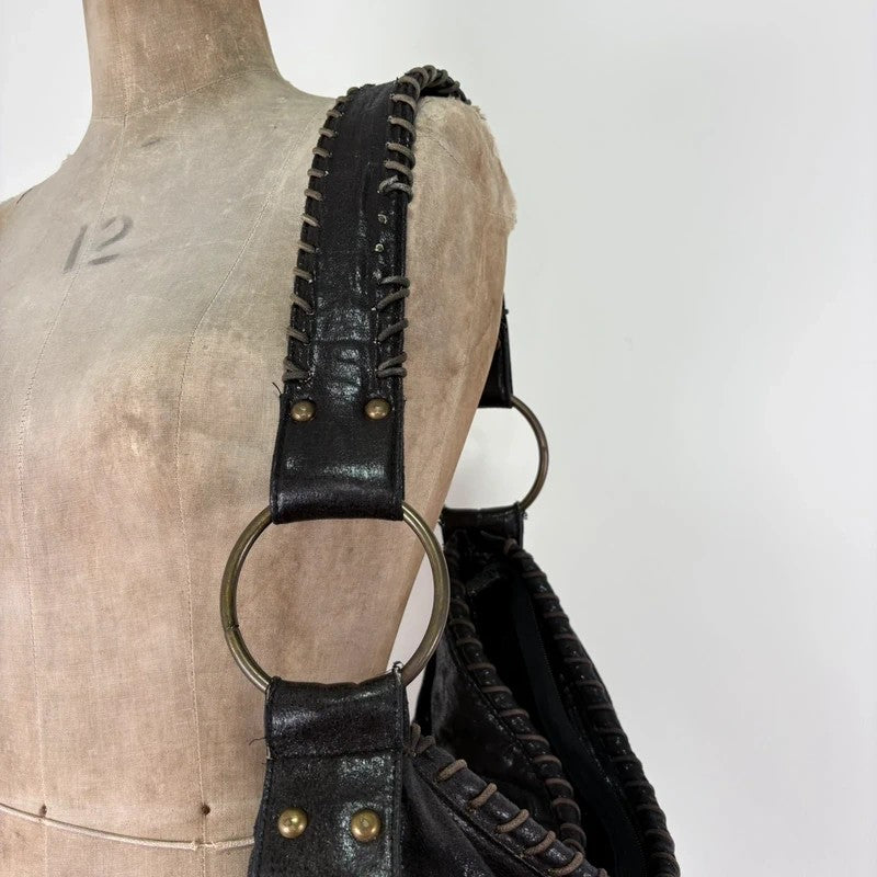 Black studded stitched slouchy shoulder bag