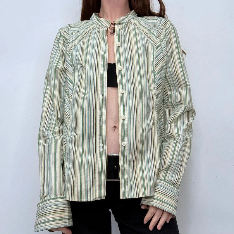 green pinstriped high neck button shirt