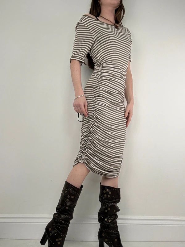 khaki striped gathered cinched midi dress