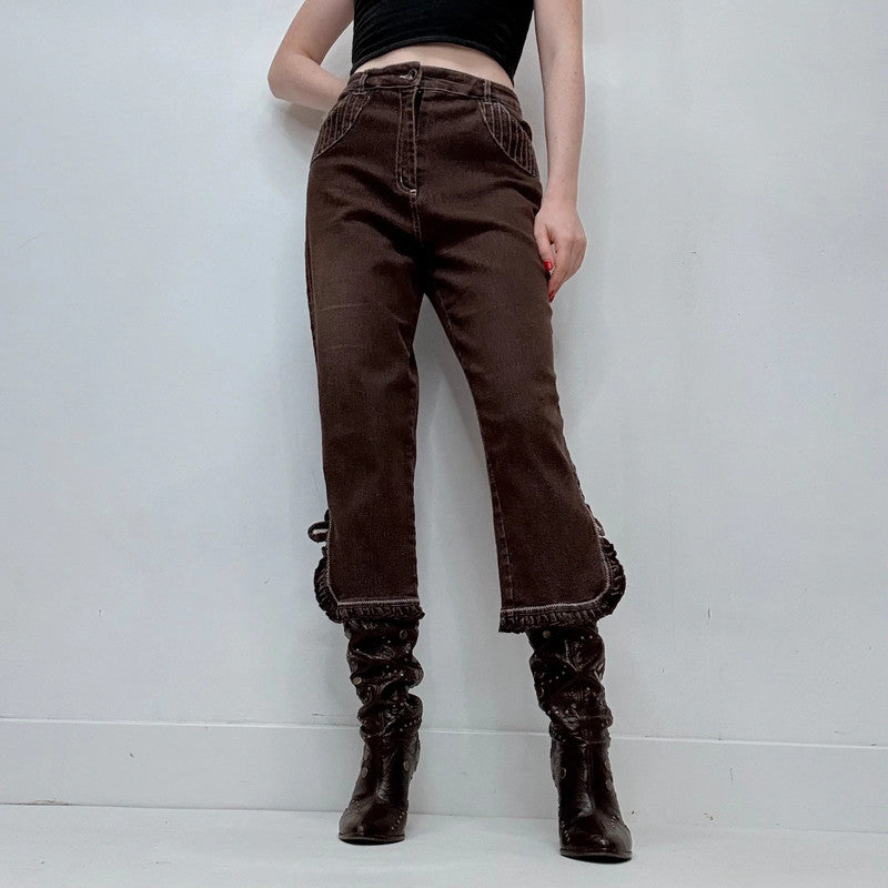 dark brown denim ruffle hem coquette capri pants