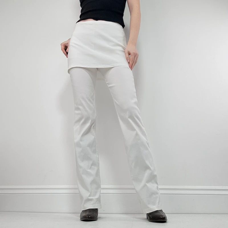 Layered flared trousers with mini skirt overlay