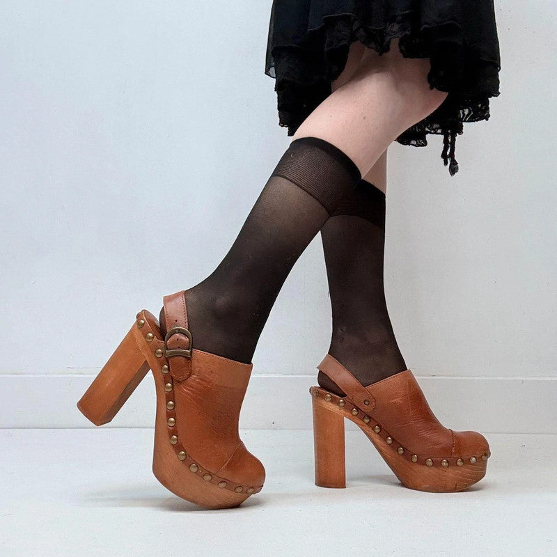 tan leather studded clog heels
