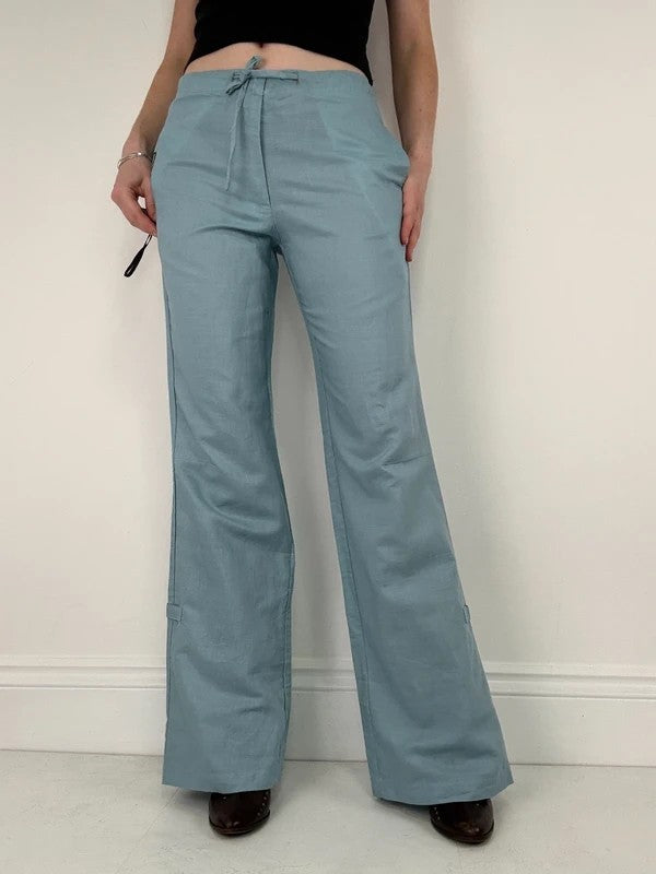 aqua blue wide leg linen trousers