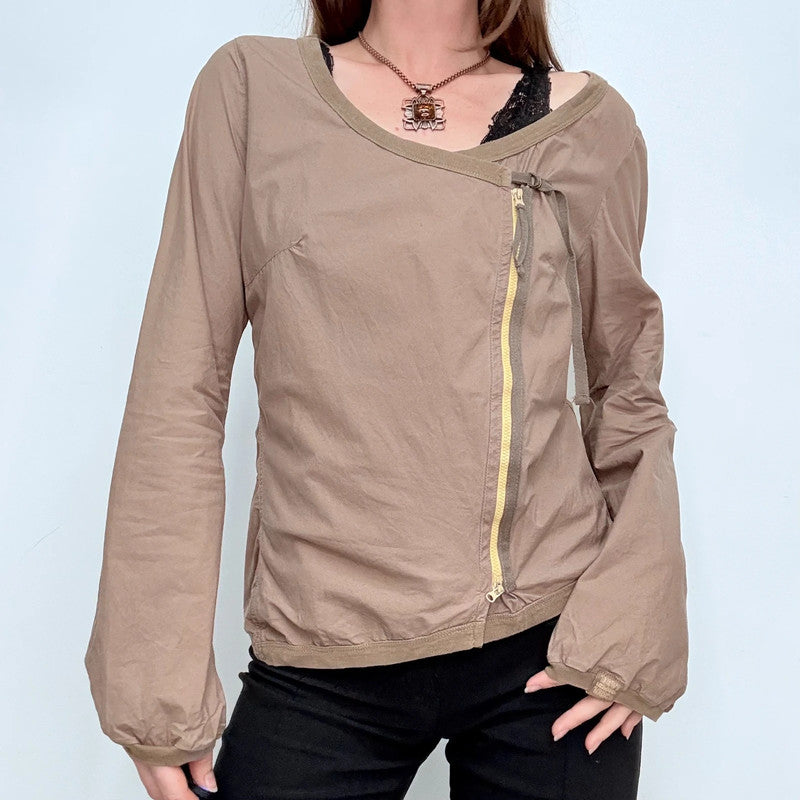 Cop Copine brown asymmetric puff sleeve utility jacket
