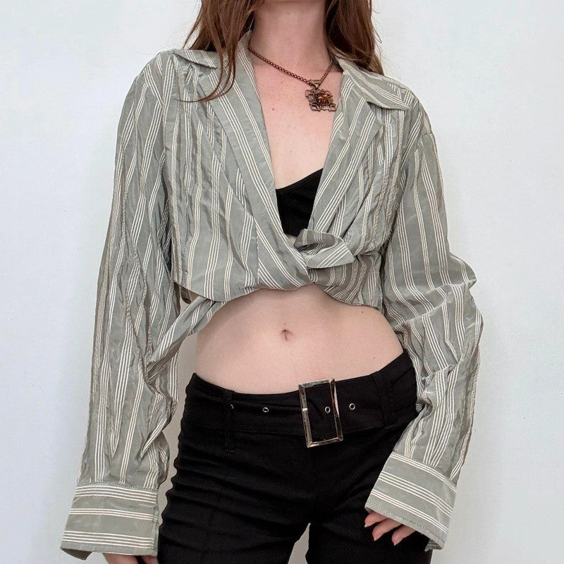 grey pinstripe structured puff shirt