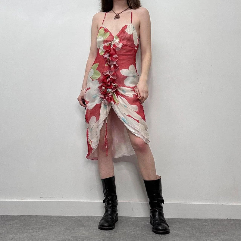 ruffle silk floral red dress
